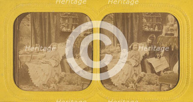 Genre scene: woman at table to feet propped on chair, man in hat next to her, dog and...1855-1860. Creator: Unknown.