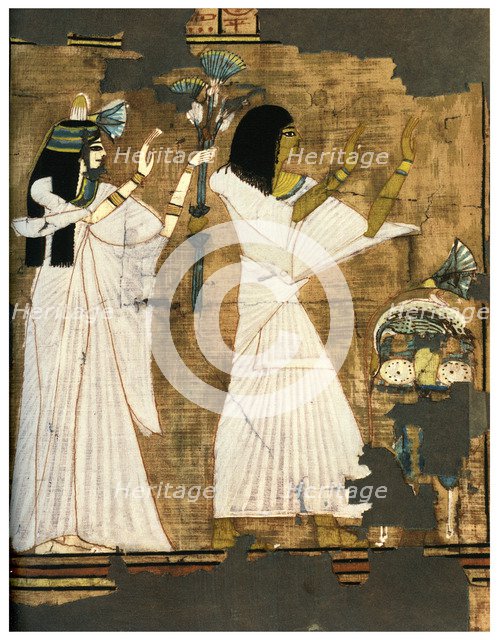Rames and his wife in adoration before a table heaped with offerings, c1400 BC (1958). Artist: Unknown