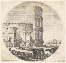 Plate 8: the Colosseum, two herds being directed towards the amphitheater in the fo..., ca. 1643-48. Creator: Stefano della Bella.