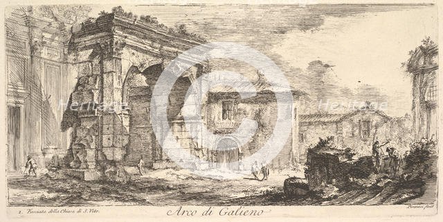 Arch of Galienus. 1. Façade od the Church of S. Vito (Arco di Galieno. 1. Facciata del..., ca. 1748. Creator: Giovanni Battista Piranesi.