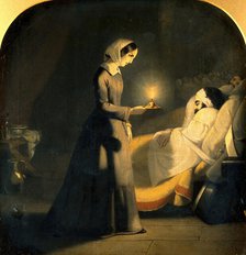Florence Nightingale as the lady with the lamp. Creator: J. Butterworth.