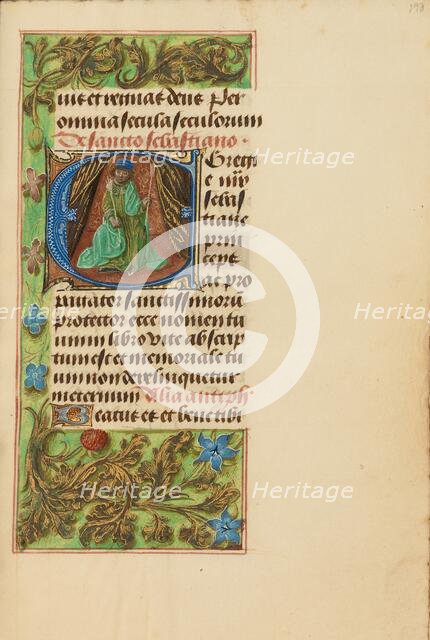 Initial E: Saint Sebastian; Crohin-La Fontaine Hours, (about 1480-1485?). Creators: Master of the Dresden Prayer Book, Workshop of the Master of the Dresden Prayer Book.