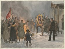 Soldiers burning paintings (from the series of watercolors Russian revolution), 1917. Artist: Vladimirov, Ivan Alexeyevich (1869-1947)