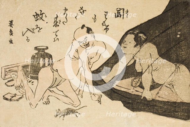 Toba-e: Okame under mosquito netting, releasing a rat while her lover looks aghast, c1810s. Creator: Ikeda Eisen.
