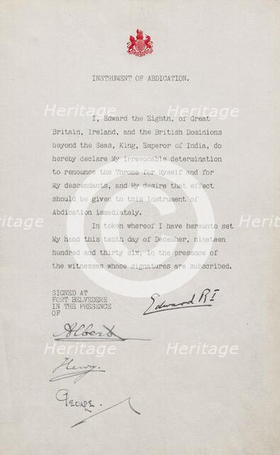 Statement of Abdication from Edward VIII, 10 Dec 1936.  Creator: Unknown.