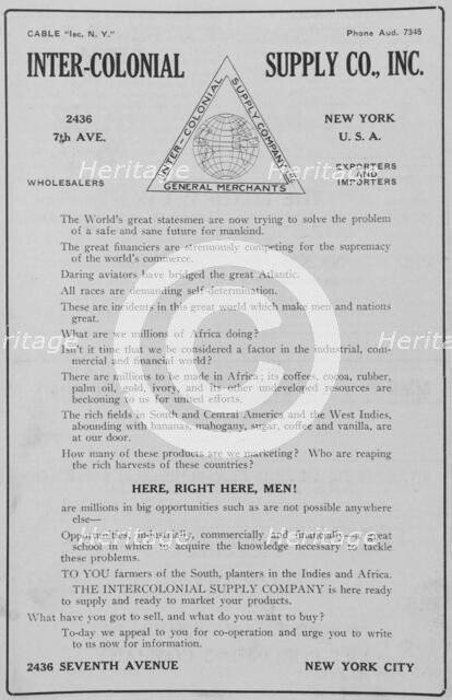 Inter-colonial Supply Co., Inc.; 2436 7th Ave., New York, U.S.A.; Wholesalers; Export..., 1918-1922. Creator: Unknown.