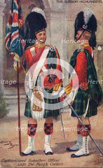 The Gordon Highlanders: Captain and Subaltern officer with the King's Colours, 1933. Creator: Harry Payne.