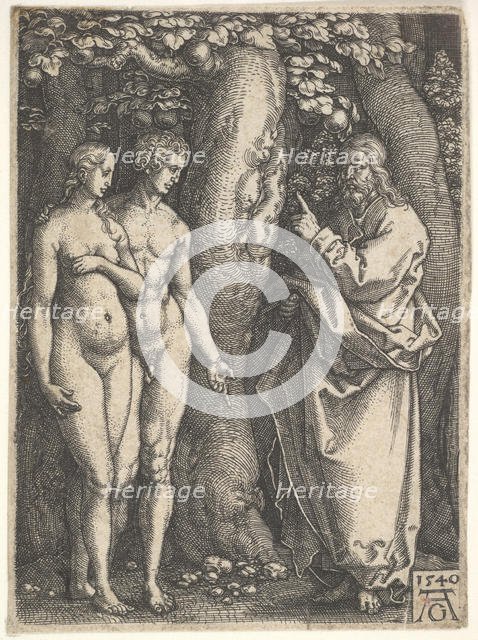God at right forbidding the nude Adam and Eve at left to eat from the tree of knowledge in..., 1540. Creator: Heinrich Aldegrever.