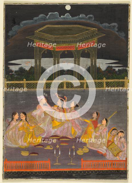 A prince celebrating Holi with palace women on a terrace at night, c. 1760. Creator: Unknown.