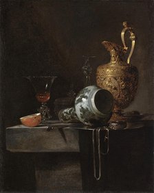 Still Life with a Porcelain Vase, Silver-gilt Ewer, and Glasses, between c1643 and c1644. Creator: Willem Kalf.