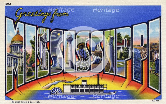 'Greetings from Mississippi', postcard, 1939. Artist: Unknown