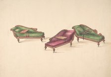 Design for Three Reclined Reading Sofas with Trays, on Casters, Upholstered..., early 19th cent. Creator: Anon.