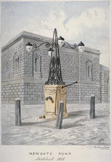 Newgate Pump, Old Bailey with Newgate Prison in the background, City of London, 1815. Artist: Charles James Richardson
