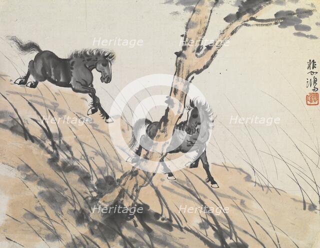 Two horses on hillside, early 1900s. Creator: Xu Beihong.