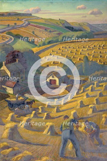 Men build haystacks amid a pastoral landscape, between 1939 and 1946. Creators: Central Office of Information, Adrian Paul Allinson.