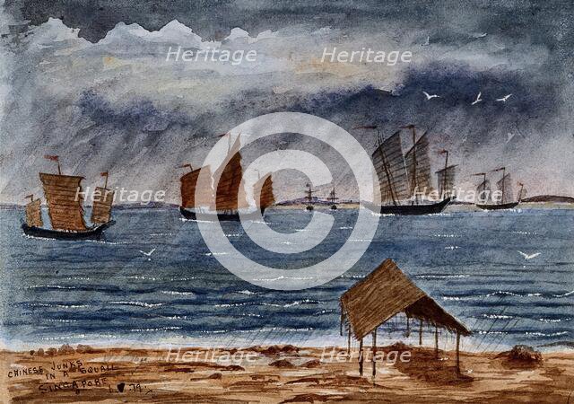 Singapore: Chinese junks in the rain at Tanjong Katong, 1879. Creator: John Edmund Taylor.