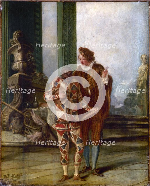Scène de la comédie italienne : Arlequin et Ricoboni, vers 1720, c1720. Creator: Ecole Francaise.
