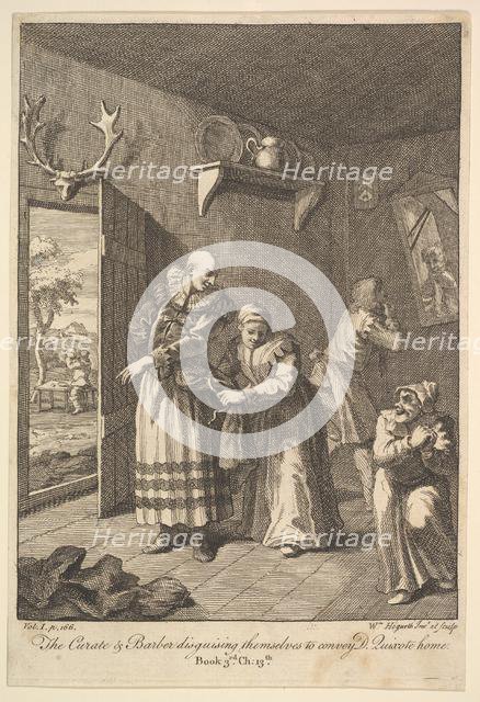 The Curate and the Barber Disguising Themselves to convey Don Quixote Home (Six I..., 1756 or after. Creator: William Hogarth.