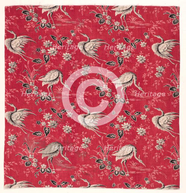 Roller-Printed Cotton with Heron and Flower Design, 1800s. Creator: Unknown.
