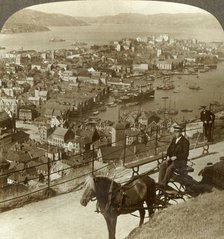 'Bergen, west from the Floifjeld, over the harbor (right) and Puddefjord (distant), Norway', c1905. Creator: Unknown.