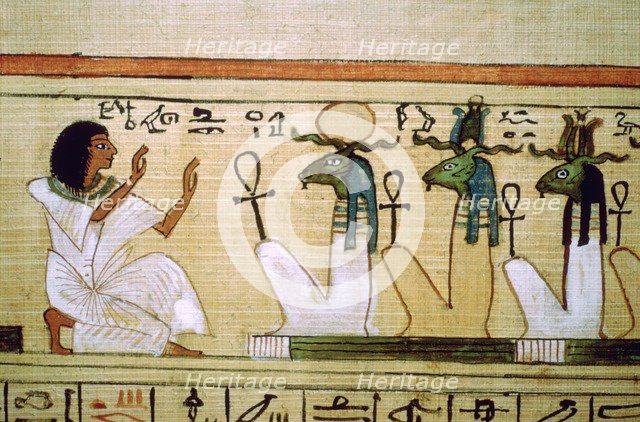 Egyptian Book of the Dead, deceased kneeling before the gods of the underworld. Artist: Unknown