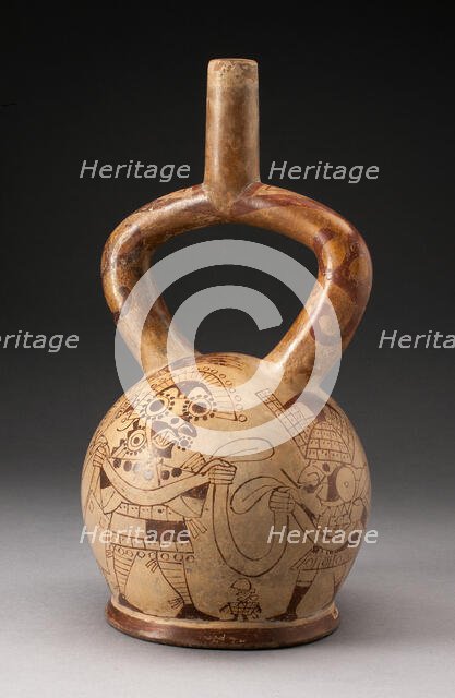 Stirrup Spout Vessel with Fineline Warriors Holding Ribbon Motif, 100 B.C./A.D. 500. Creator: Unknown.