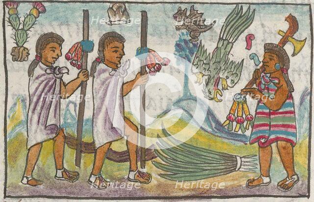 Merchants (Pochtecas) and their wares in Tzinacantlan. From the Codex Florentinus, c 1550. Creator: Sahagún, Bernardino de (1499-1590).