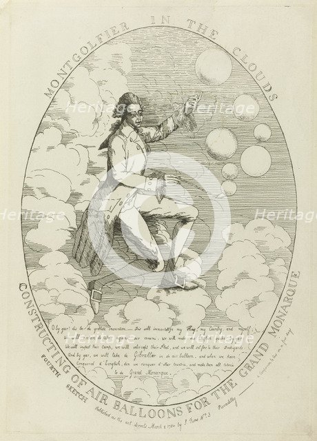 Montgolfier in the clouds. Constructing of air balloons , 1784.