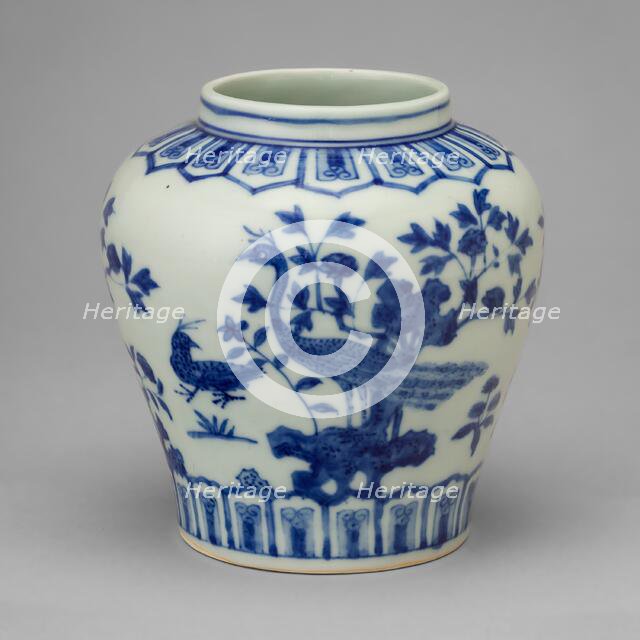 Jar with Peacocks, Garden Rock, and Foliage, Ming dynasty, mark and period of Jiajing (1522-66). Creator: Unknown.