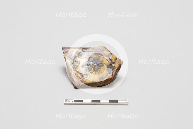 sherd, red body, white slip, yellow glaze with brown stain, Mamluk period, 1250-1516. Creator: Unknown.