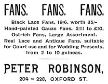 Advertisement for Peter Robinson fans, 1895. Creator: Unknown.