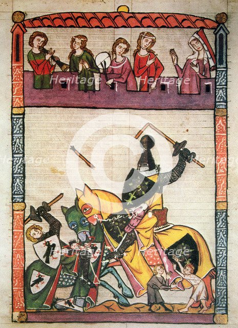 Fighting between knights, miniature in 'Cimelia Heidelbergensia'.