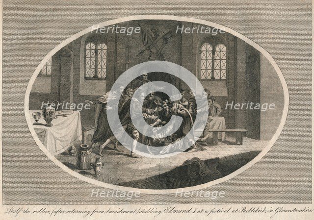 Leofa the robber stabbing Edmund I at a festival at Pucklekirk, Gloucestershire 946 (1793). Artist: Unknown.