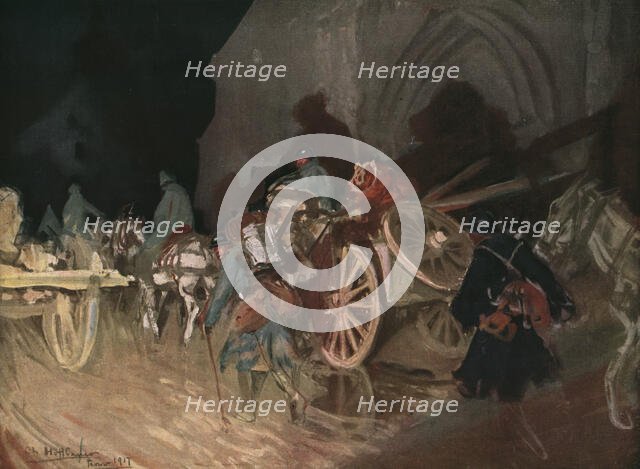 'Six Mois Dans la Somme; Releve d'infanterie de nuit un village', 1916. Creator: Charles Hoffbauer.