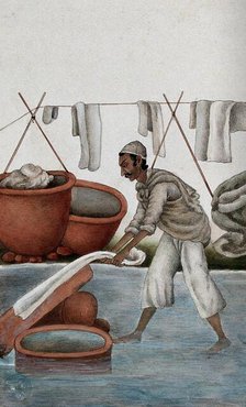 Delhi: a washerman washing clothes, (between 1800 and 1899?). Creator: Unknown.
