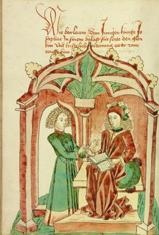 Barlaam Instructing Josaphat in the True Faith; Barlaam und Josaphat, 1469. Creators: Hans Schilling, Diebolt Lauber.