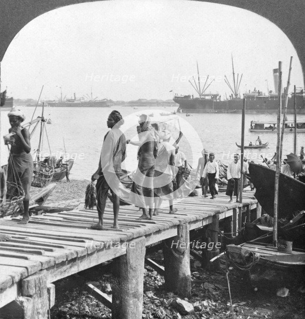 Landing stage on the Irawaddy River, Rangoon, Burma, 1908. Artist: Stereo Travel Co