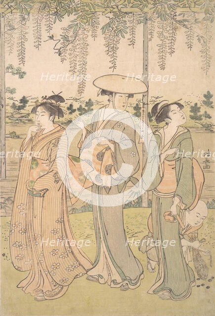 Three Women and a Small Boy beneath a Wisteria Arbor on the Bank of a Stream, ca. 1790. Creator: Torii Kiyonaga.