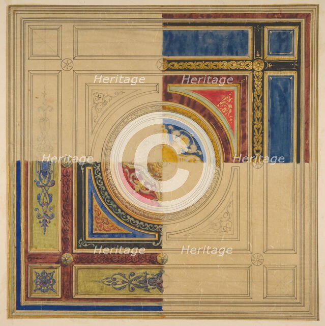 Design for a paneled ceiling with alternative decorations, 19th century. Creators: Jules-Edmond-Charles Lachaise, Eugène-Pierre Gourdet.