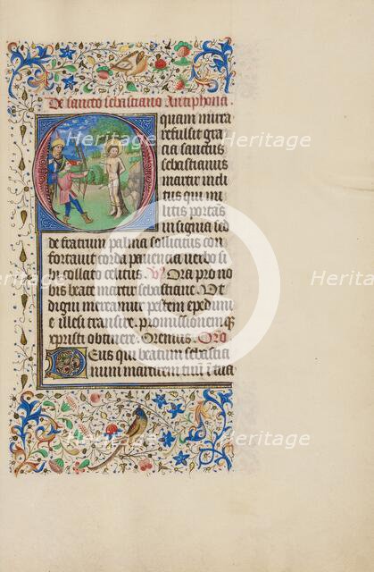 Initial O: The Martyrdom of Saint Sebastian; Llangattock Hours, 1450s. Creator: Master of the Llangattock Hours.