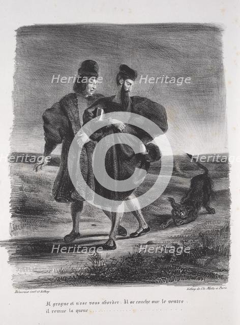 Illustrations for Faust: Faust, Méphistophélé and the barbet, 1828. Creator: Eugène Delacroix (French, 1798-1863); Chez Ch. Motte, Éditeur, distributed by Chez Sautelet, Libraire.