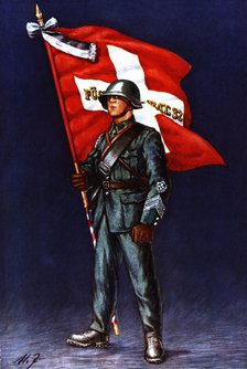 Flag bearer from an army battalion, c, 1940. Color engraving from 1943, published by Editions Fra…