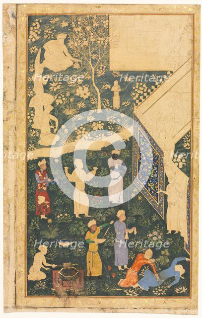 Musicians and Servants Outside a Royal Encampment (recto), c. 1485. Creator: Bihzad (Iranian, active 1470-1506), style of.