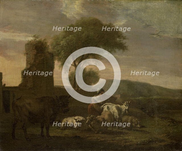Italian Landscape with Shepherdess and Flocks, 1712. Creator: Simon van der Does.