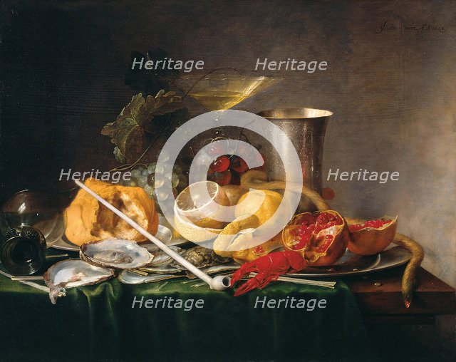 Breakfast with champagne glass and pipe, .