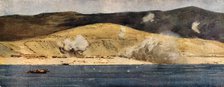 'La baie de Suvla et les Falaises d'Anzac; Eclatements d'obus turcs de gros calibre', 1915 (1916). Creator: Norman Wilkinson.