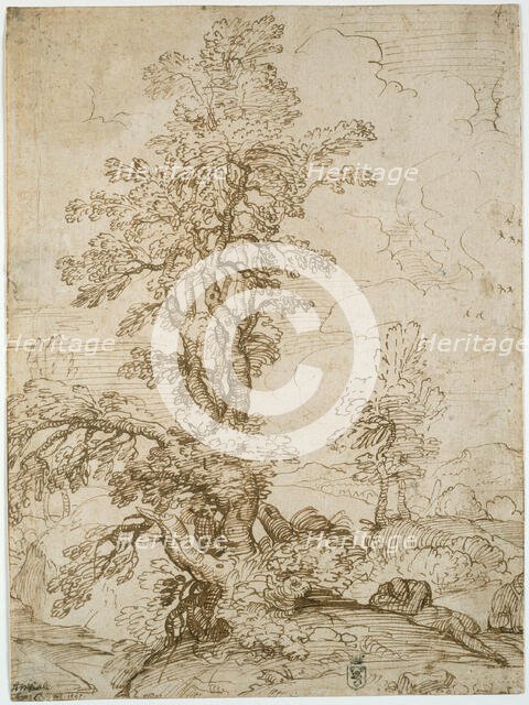 Landscape with Man Sleeping beneath Tree (recto); Landscape with a Horseman (verso), 1595. Creator: Annibale Carracci.