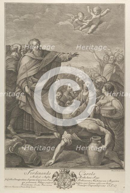 Moses at left with the Israelites who gather manna as it falls from the sky, two angels ab..., 1776. Creators: Benedetto Eredi, Ranieri Allegranti.