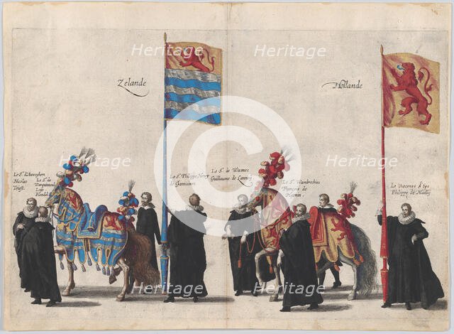 Plate 37: Men with heraldic flags and horses from Zeeland and Holland marching in the fune..., 1623. Creator: Cornelis Galle I.