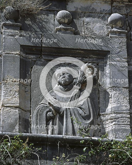 Stone relief of Bernard of Clairvaux, Monsalud Monastery, Corcoles, Castile-La Mancha, Spain, 2001.  Creator: LTL.